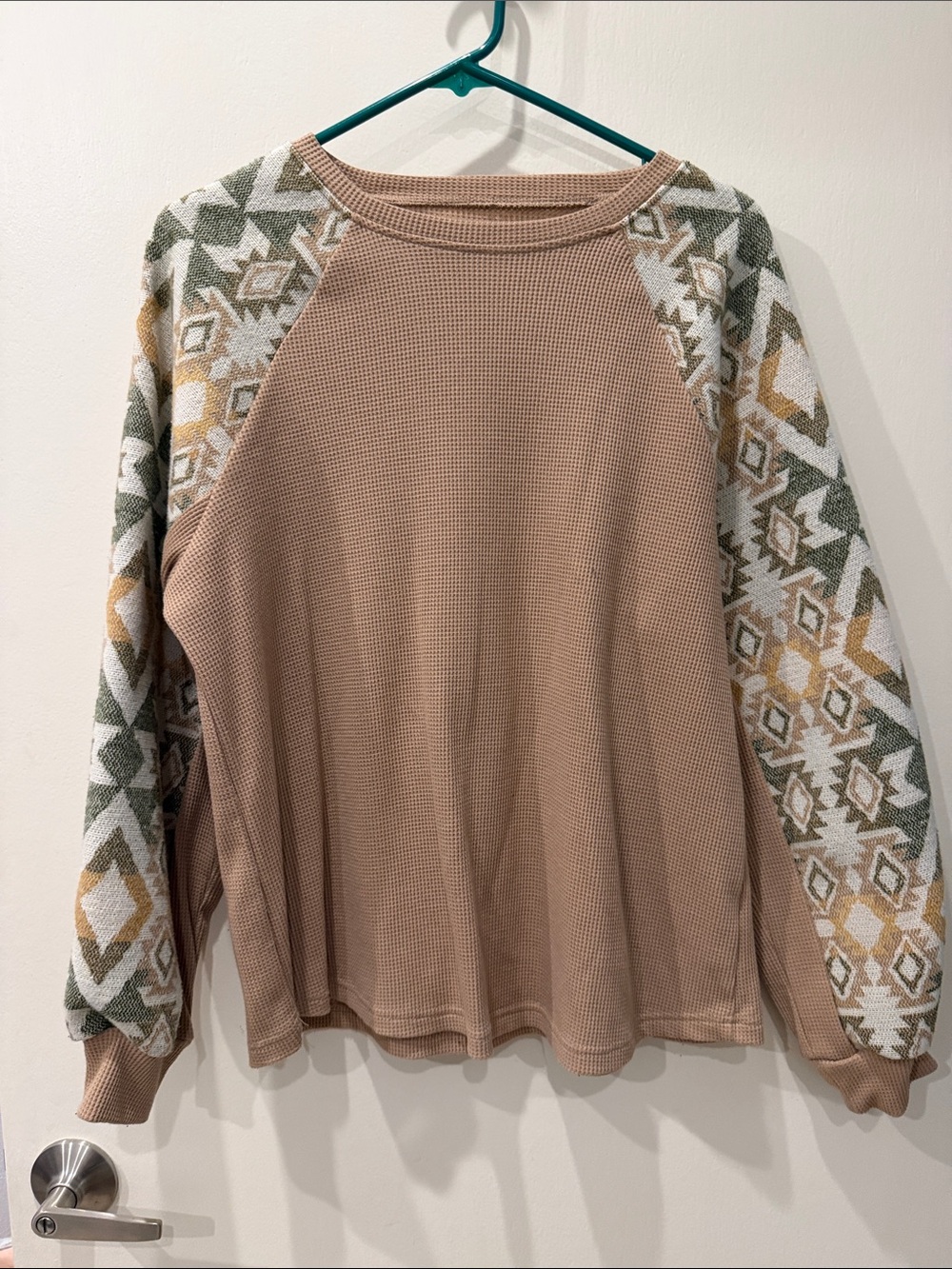 Waffle Knit Raglan Top with Patterned Sleeves - Beige